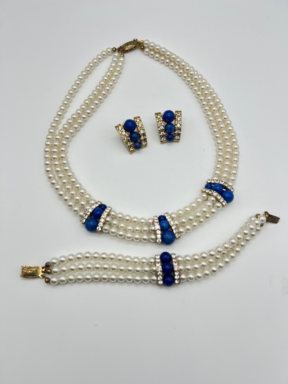 VINTAGE Faux Pearl Set • Blue Stone • Rhinestone • Necklace Bracelet Earrings